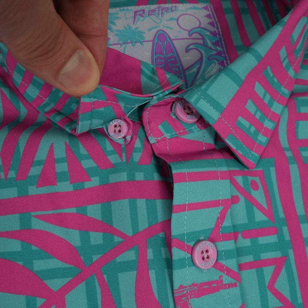 Retro Rifle Button Down Shirt Mens XL Teal Pink AK-47 Geometric Hawaiian Stretch - Picture 4 of 11